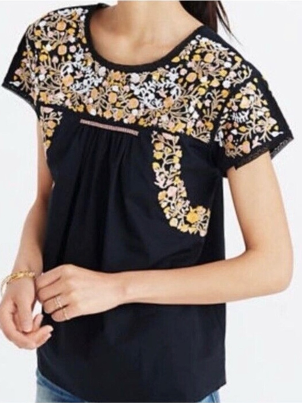 Madewell Embroidered Black Floral Top - Size L